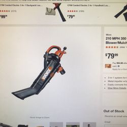 Worx 210 MPH 350 CFM Electric 12 Amp Leaf Blower/ Mulched/ Vac with Metal Impeller 