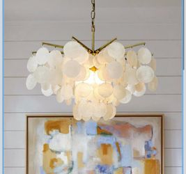 4-Light 22" Cone Shape 4-Tier Coastal Capiz Shells Chandelier with Antique Gold Metal Farmhouse Natural Seashell for Dining Room Living Room