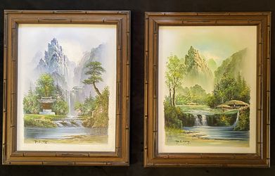 Pair Of Vintage Asian Landscape Oil Paintings by Yu S. Yang Signed & Framed
