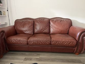 MOVING SALE - Brown Genuine Leather Sofa + Matching Armchair Set - $350 OBO - Must Sell Before Move
