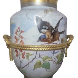19th c Platinum & Gold Banded Old Paris Hand Painted Bluebird Vase