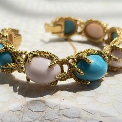 Vintage 1960’s Panetta Clasp Bracelet Cuff in Gold Tone w/ Pink and Turquoise Lucite Cabochons