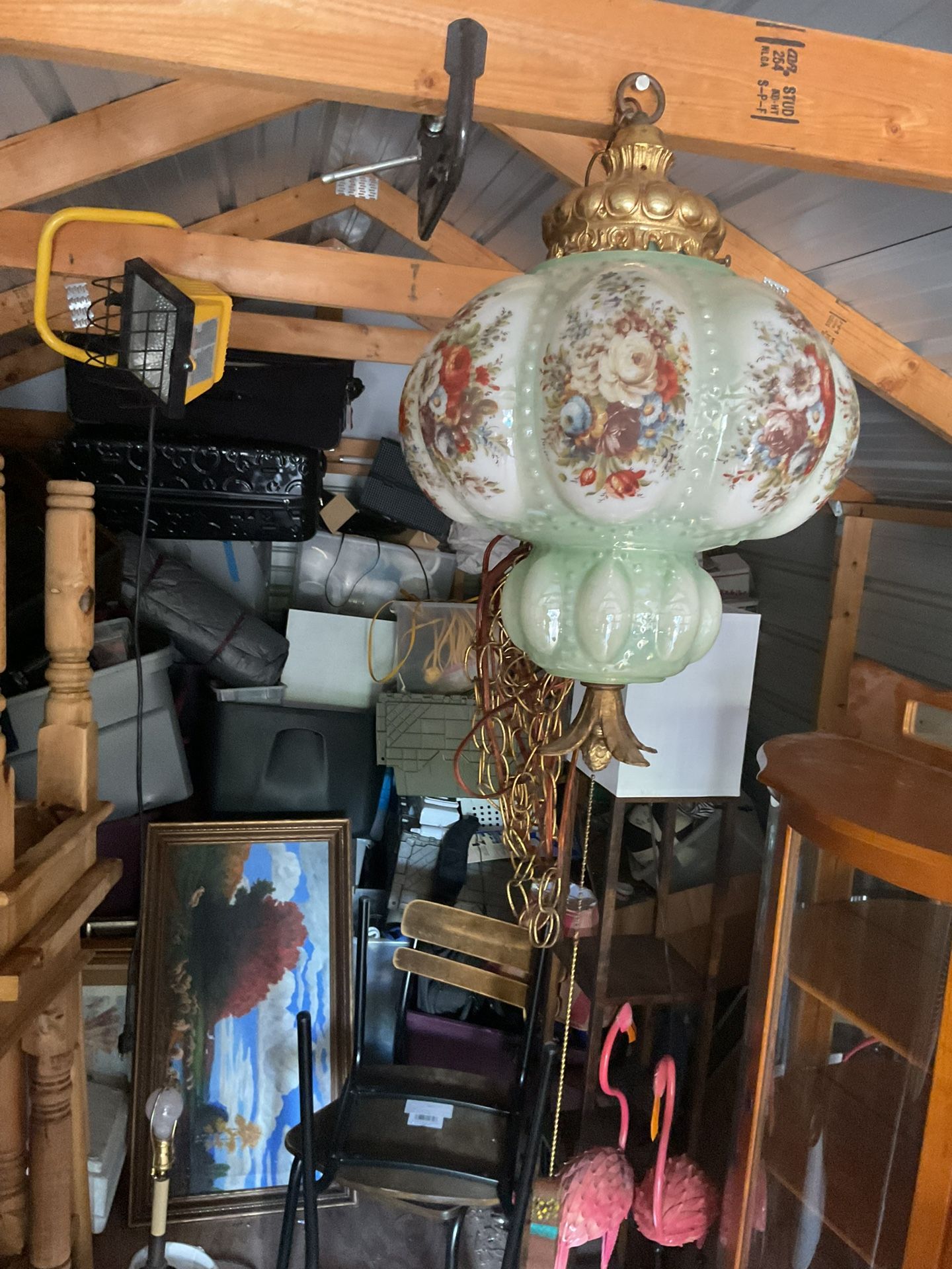 a vintage Hollywood Regency opalescent glass swag lamp popular in the 1960s .this one plugs in Asking 89 Dollars