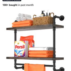 : Industrial Pipe Bathroom Shelves w/ Towel Bar – 24” Wall Mount