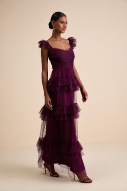 Lulus Pure Radiance Plum Purple Mesh Swiss Dot Tiered Maxi Dress Small S