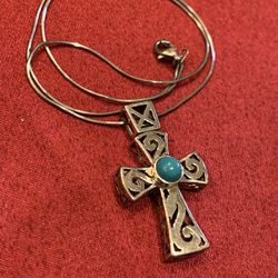Dimensional 925 Sterling Silver & Turquoise Cross Pendant Necklace