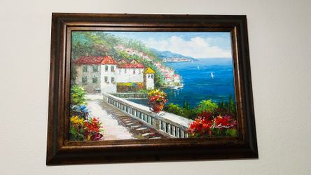 Large Framed Mediterranean Coastal Oil Painting (32” x 43”)