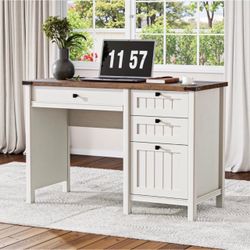 White Farmhouse Desk 45" with 4 Drawers & Charging Station Small Computer Desk with File Drawer & Outlets, Full Extension Storage for Small Spaces, Be
