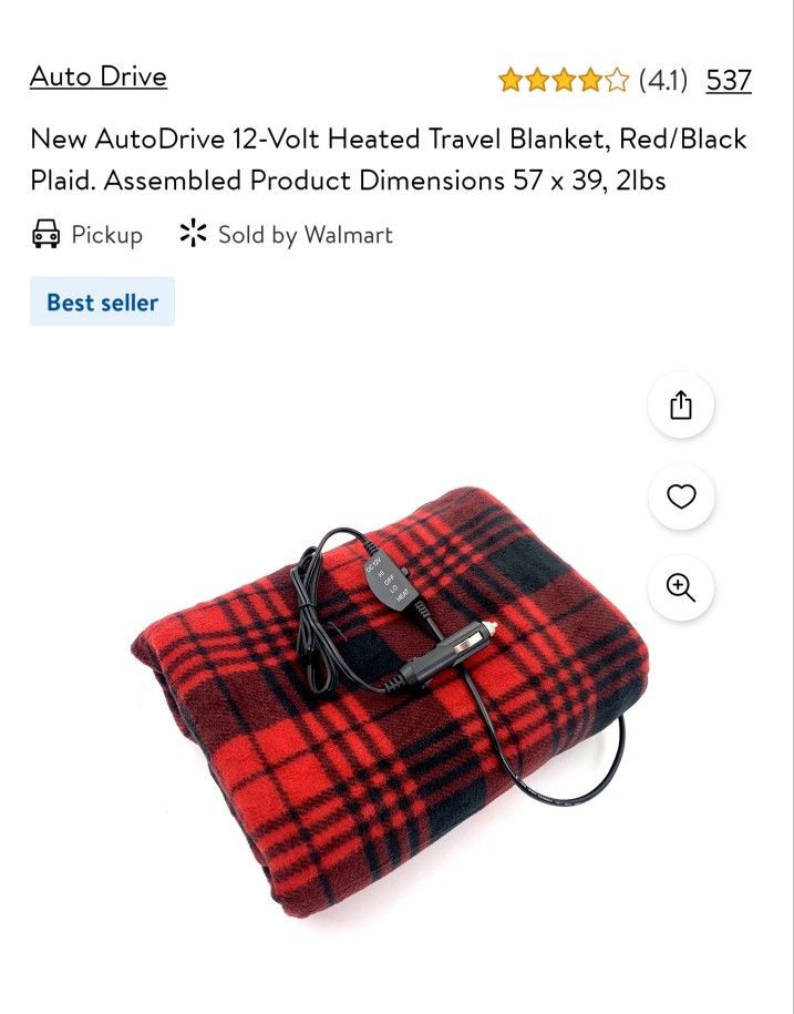 New AutoDrive 12-Volt Heated Travel Blanket, Red/Black Plaid.