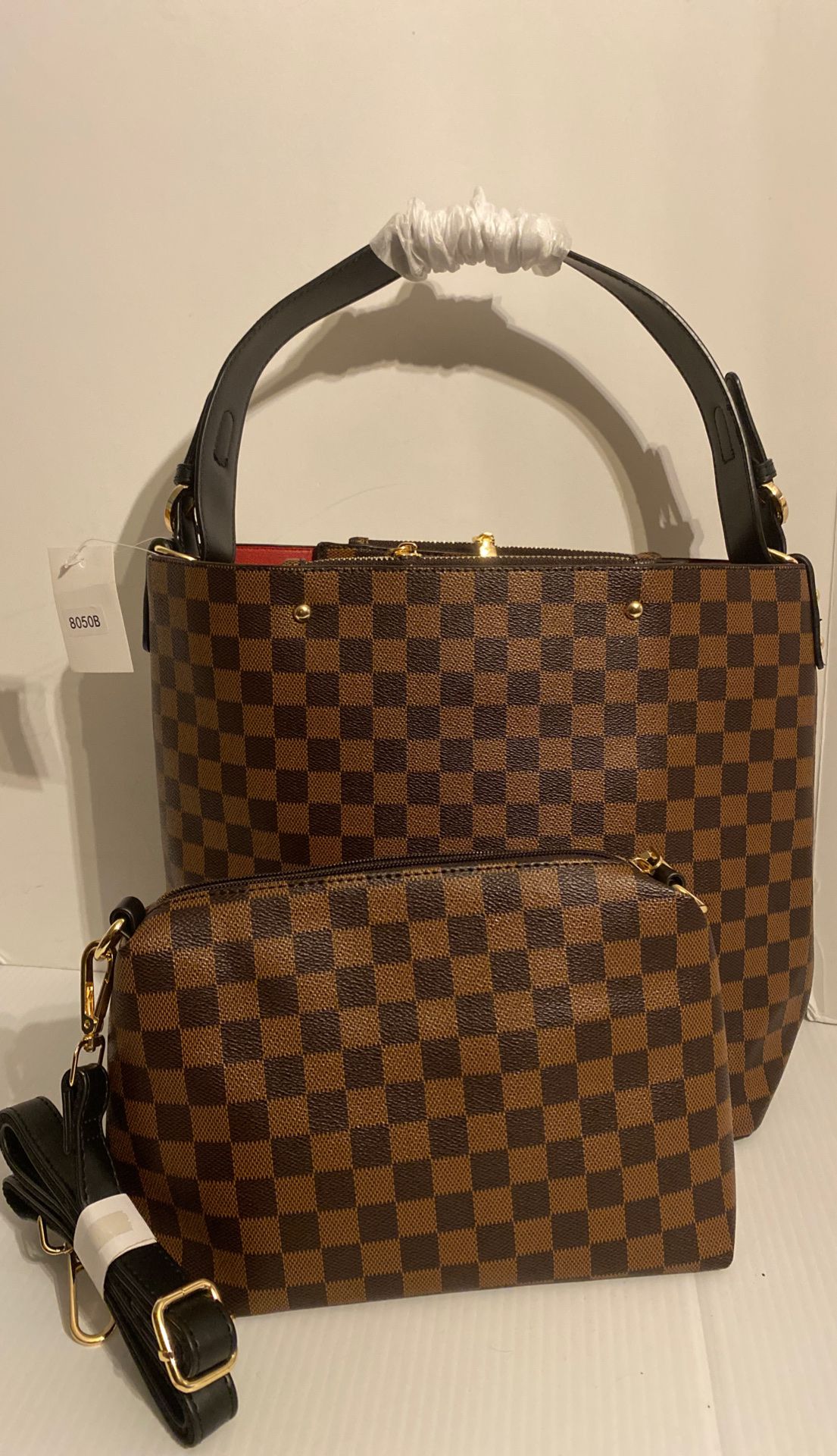 UNBRANDED ALL IN ONE CHECKERED HANDBAG BAG BROWN/ DARK BROWN XL