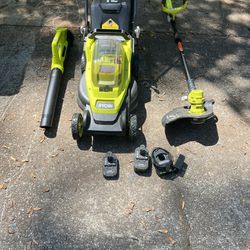 Ryobi 18 V 13 inch lawnmower, string trimmer leaf blower two batteries one charger used 160