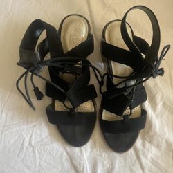 A New Approach a.n.a., Women’s  Black  Strappy Low Heel Open Toe Heels, Size 7.5