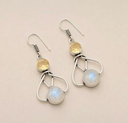 Yellow Citrine & Moonstone Sterling Silver Dangle Drop 2” Earrings
