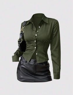 Green Pinstripe Fitted Button-Up Crop Shirt