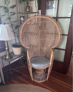 Vintage Rattan Peacock Chair with Blue Floral Cushion