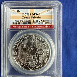 2016 2oz PCGS MS69 QUEEN’S BEAST LION SILVER COIN 