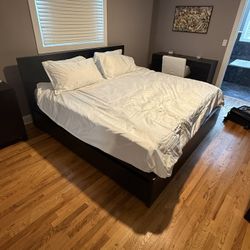 Dark Brown King Bed Frame w/ 4 Storage Drawers & Mattress
