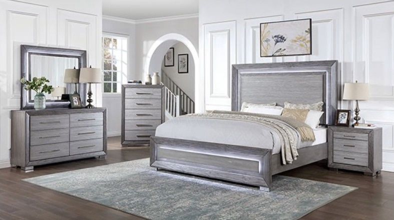 Gray King Bed Frame With LED Headboard - Dressers Sold Separate