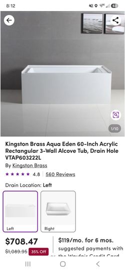 Aqua Eden 60" x 32" Soaking Acrylic Bathtub, by Kingston Brass