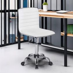 Adjustable Task Chair PU Leather Low Back Ribbed Armless Swivel White Desk Chair Office Chair Wheels
