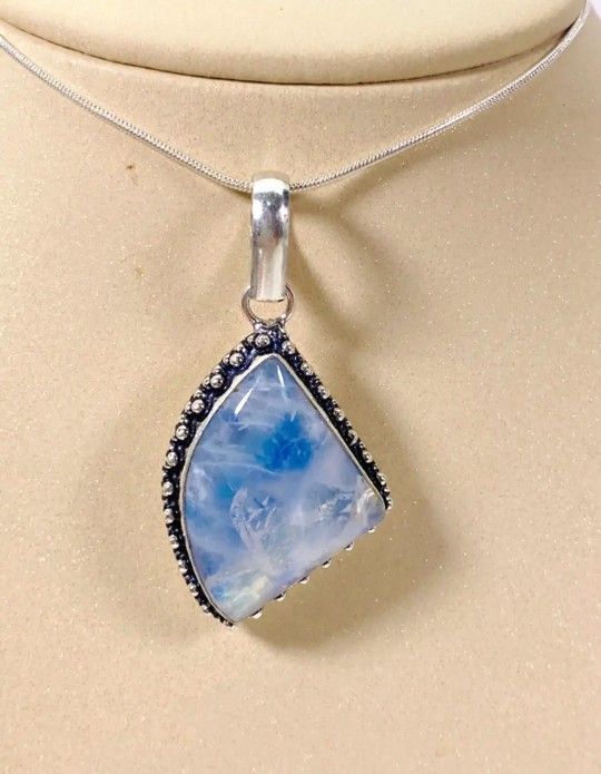 Natural Rainbow Moonstone & .925 Stamped Sterling Silver Necklace NEW!