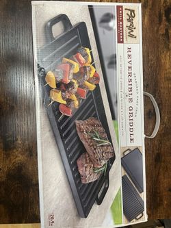 Pro Non-Stick Cast Iron Reversible Griddle Pan BBQ & Hob Cooking for Fat Free Healthier Cooking Oil Drip Channel and Integrated Handles