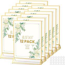 Acrylic Sign Holder 8.5x11 Gold Frames Double-Sided Gold Picture Frames for Flyer Menu Wedding Table Number Christmas Photo Frame with Glue Dots - 12 