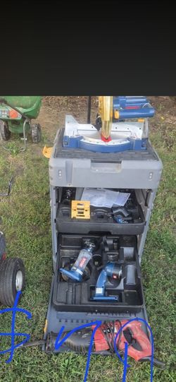 Ryobi Miter Saw with Rolling Tool Cart and Power Tools