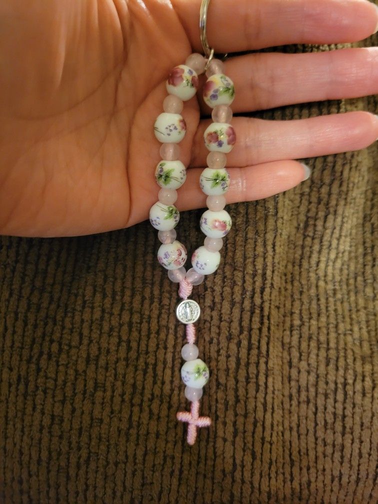 Floral Beads & Natural Rose Quartz Gemstone Saint Benedict Decade Mini Rosary Keychain
