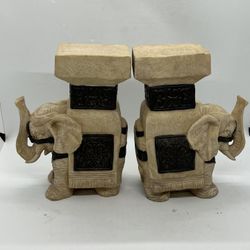 Pair of 7” Trunk Up Elephant Figurines Book Ends, Plant Stand Or Candle Holders