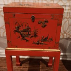 Japanned Oriental Side Table Chest on Stand 