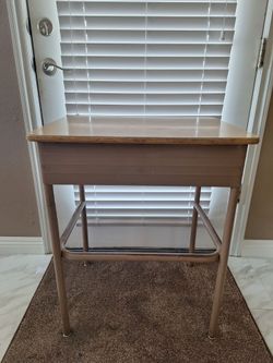 Vintage Light Brown Mid-Century Student School Desk - Metal Frame w Wood Desktop