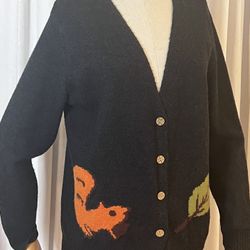 Cartoon 90’s Squirrel And Leaf Button Down Women’s Black Cardigan