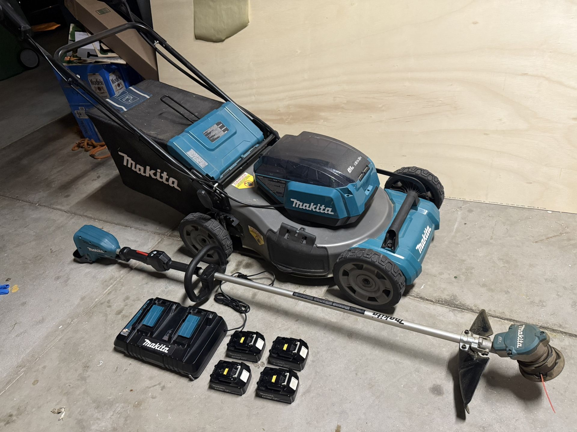 Makita 36V (18V X2) Mower, Trimmer & Batteries And Charger