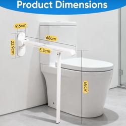 Barra de agarre de inodoro abatible de 26.8 pulgadas con pata de apoyo, riel de seguridad montado en la pared para baño, tiras brillantes nocturnas en