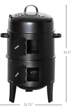 Outsunny Vertical Charcoal BBQ Smoker, 3-in-1 16" Round Charcoal Barbecue Grill with 2 Cooking Area, and Thermometer for Outdoor Camping Picnic Backya