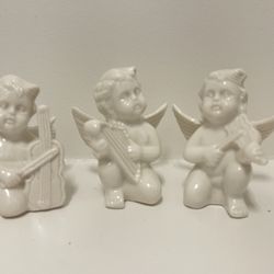 Vintage Glazed Ceramic Angels Playing Violin, Harp, & Cello- Set Of 3