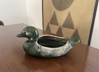 Vintage Green Mallard Duck Planter Pot Sculpture Bowl w/ Beautiful Patina Decor Mid Century Pottery