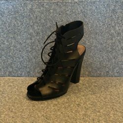 Forever Black Lace Open Toe Heels (sz 8.5)