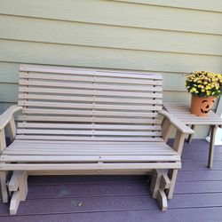 Amish Built Wooden Glider Bench And Side Table