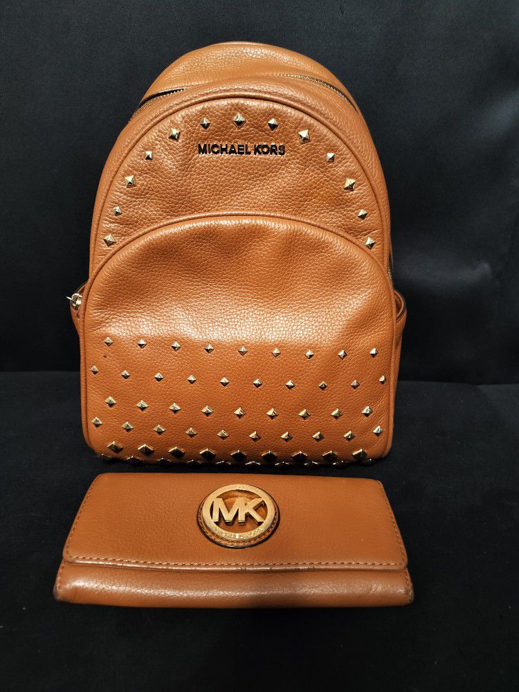 Brown Michael Kors Studded Leather Abby Backpack Purse With Wallet 