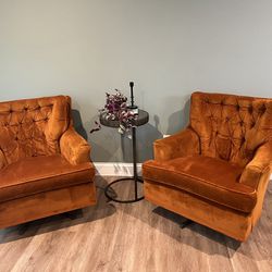 Vintage tufted swivel velvet barrel lounge chairs