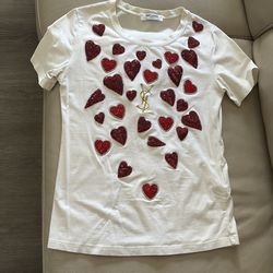 YSL Perez, White T-shirt  Red sequined Heart embellishment and an embroidered YSL logo. size S. May fit like a medium.