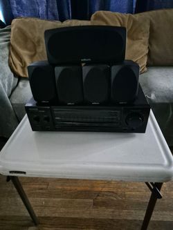 POLK AUDIO RM600BD BLACK SATELLITE 4 SURROND AND 1 CENTER SPEAKER AND VINTAGE KENWOOD KR-A 5060 AM/FM STEREO RECEIVER 100 FOR CHANEL