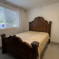 Queen Real Wood Bed Frame with Real Granite Dresser/Vanity 