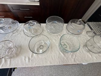 Table of Cake Pie Plates Servers w detailed Glass Domes, Parfait Bowls, Vintage great for events, gifts, collectors