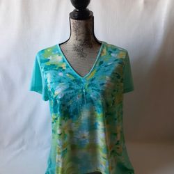 Alfred Dunner womens blue/green floral butterfly short sleeve v-neck top size PM