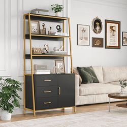 3 Tier Display Storage Shelves with 3 Drawers, Gold Metal Frame Bookshelf, Black