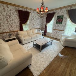 Beautiful White Sofa Set With Marble Coffee Table And End Tables 
