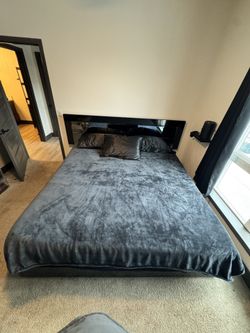 King Size Black And Glass Set With Tall, Wide, Night Stand Dresser And Vanity Mirror